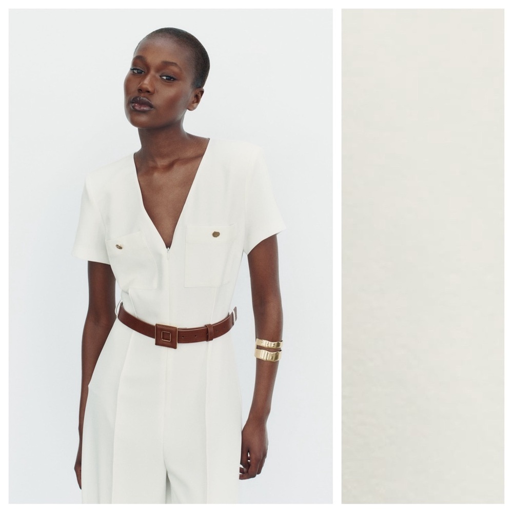 NWT. Zara White Belted Crepe V-neck Jumpsuit with Short Sleeves. Size L. - Picture 2 of 11